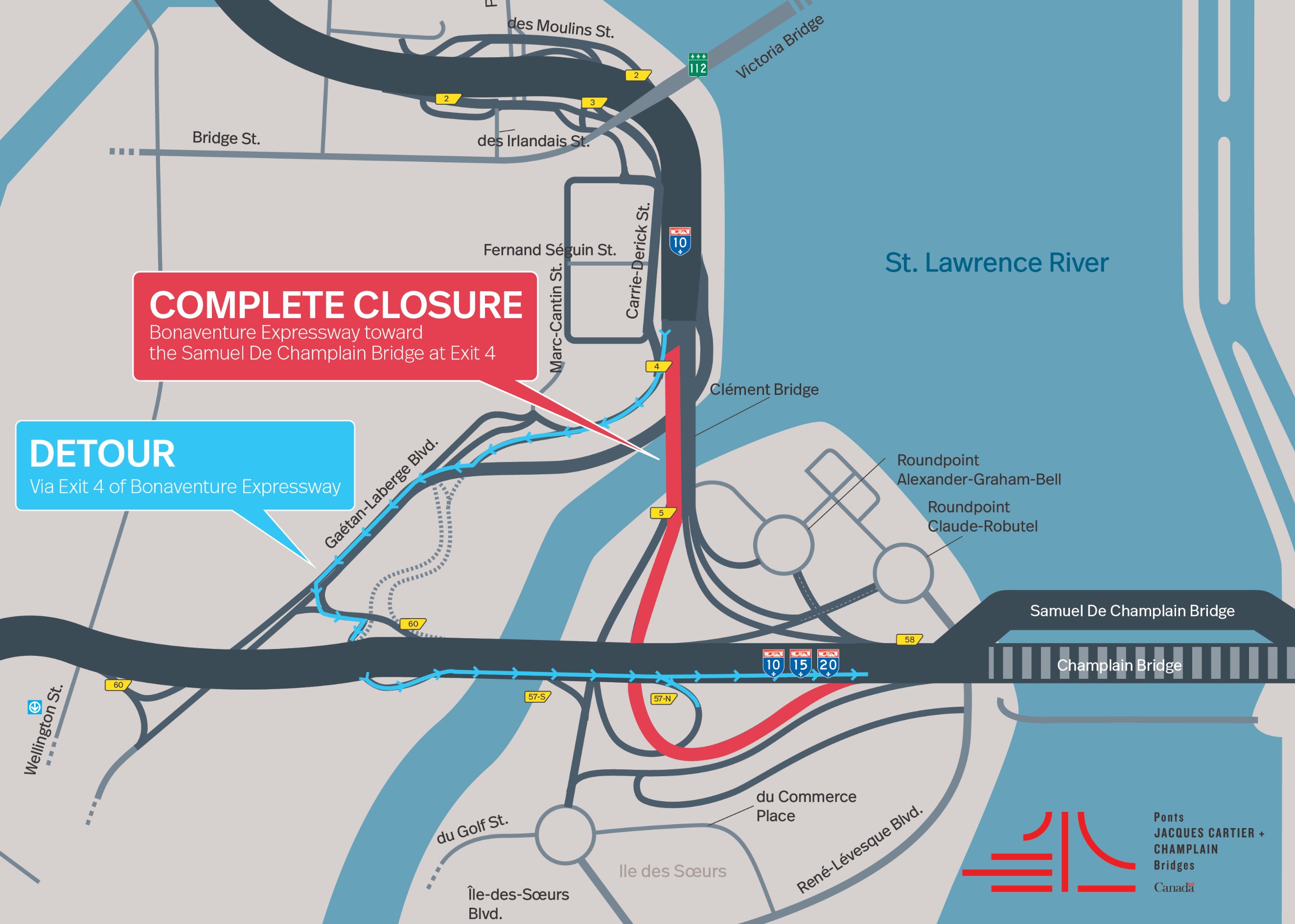Bonaventure Expy. | Complete night closure of a portion of the Expy., toward Samuel De Champlain Bridge, on July 5