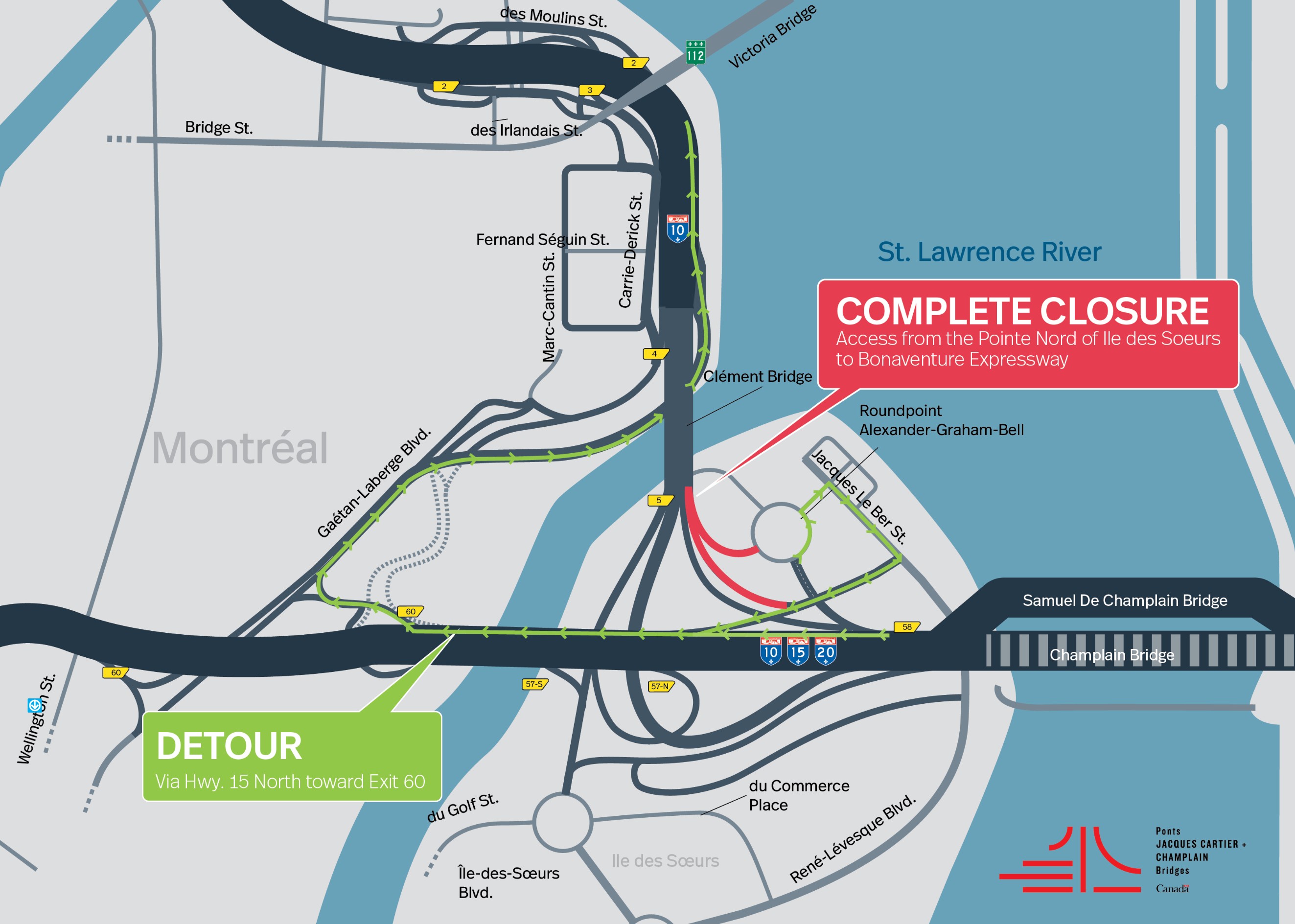 Île des Sœurs sector | Complete long term closure of the access to the Bonaventure Expy. from Île des Sœurs, toward downtown, as of August 21