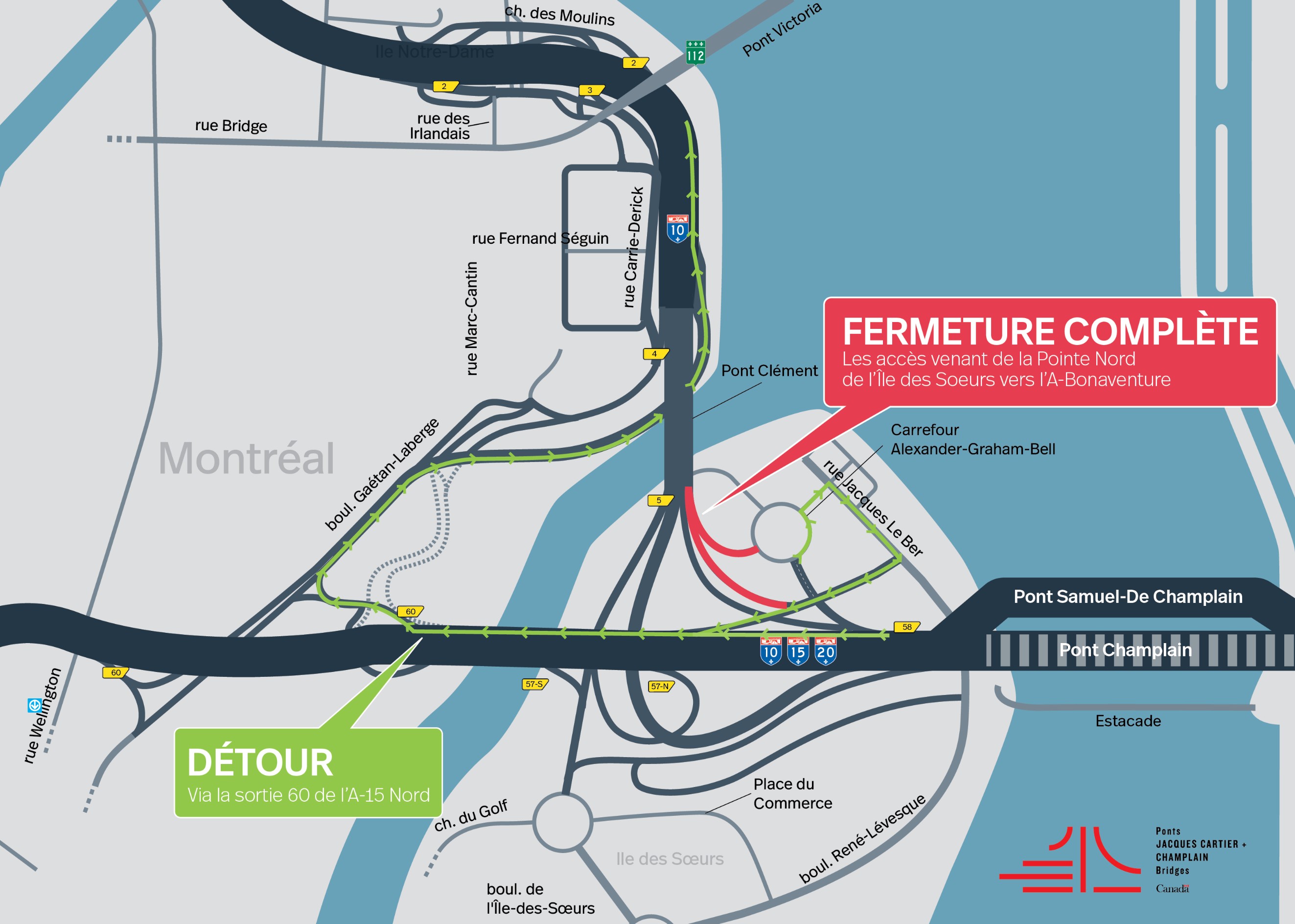 Secteur île des Sœurs | Fermeture complète de longue durée des accès à l'autoroute Bonaventure depuis l'île des Sœurs, direction centre-ville, dès le 21 août