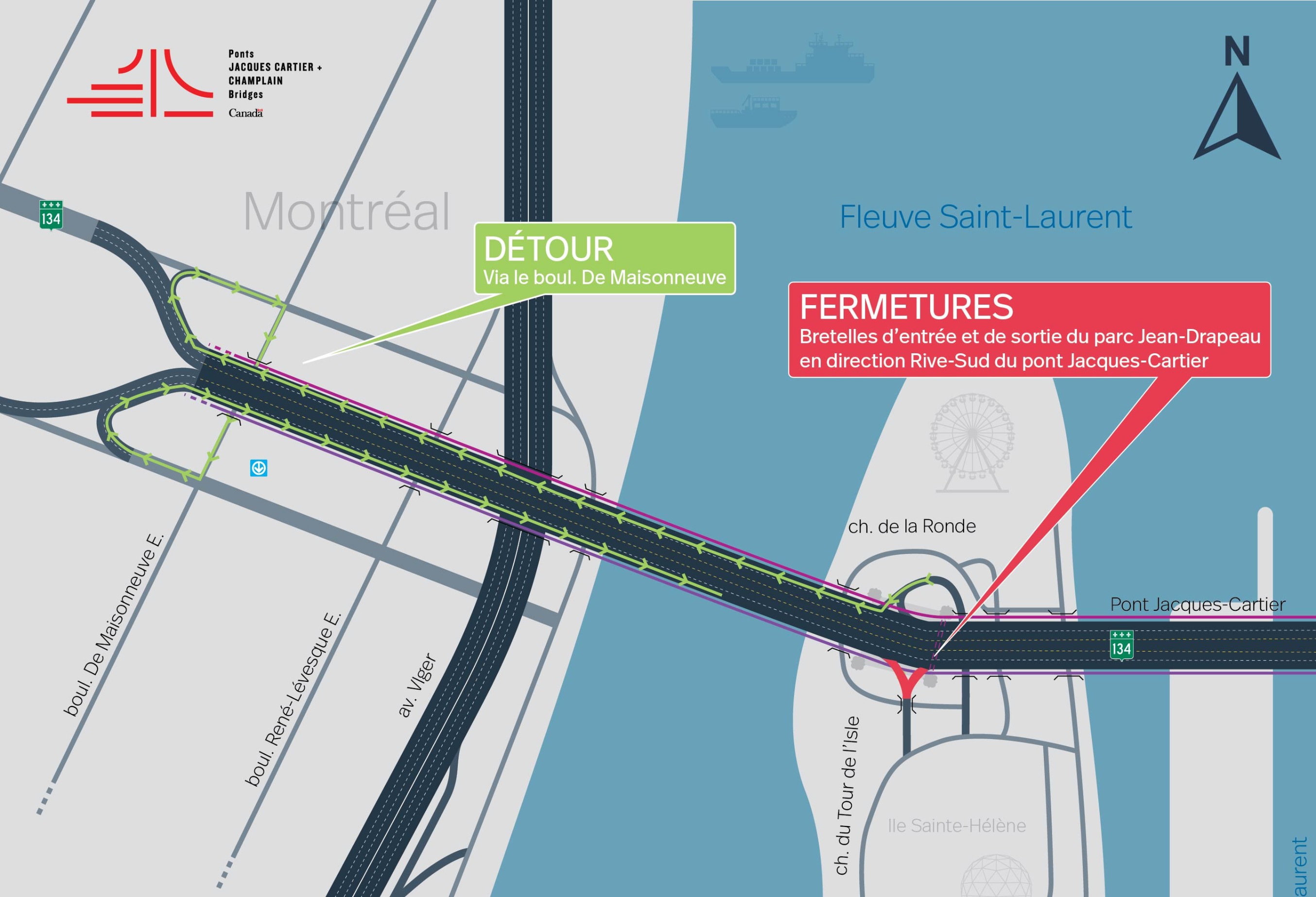 Pont Jacques-Cartier | Fermeture complète de soir de la rampe d'accès au parc Jean-Drapeau en direction Rive-Sud le 19 septembre