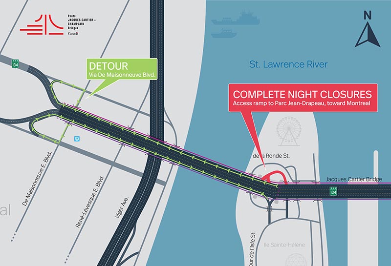 Jacques Cartier Bridge | Complete night closure of the Parc Jean-Drapeau ramp toward Montréal, on September 19