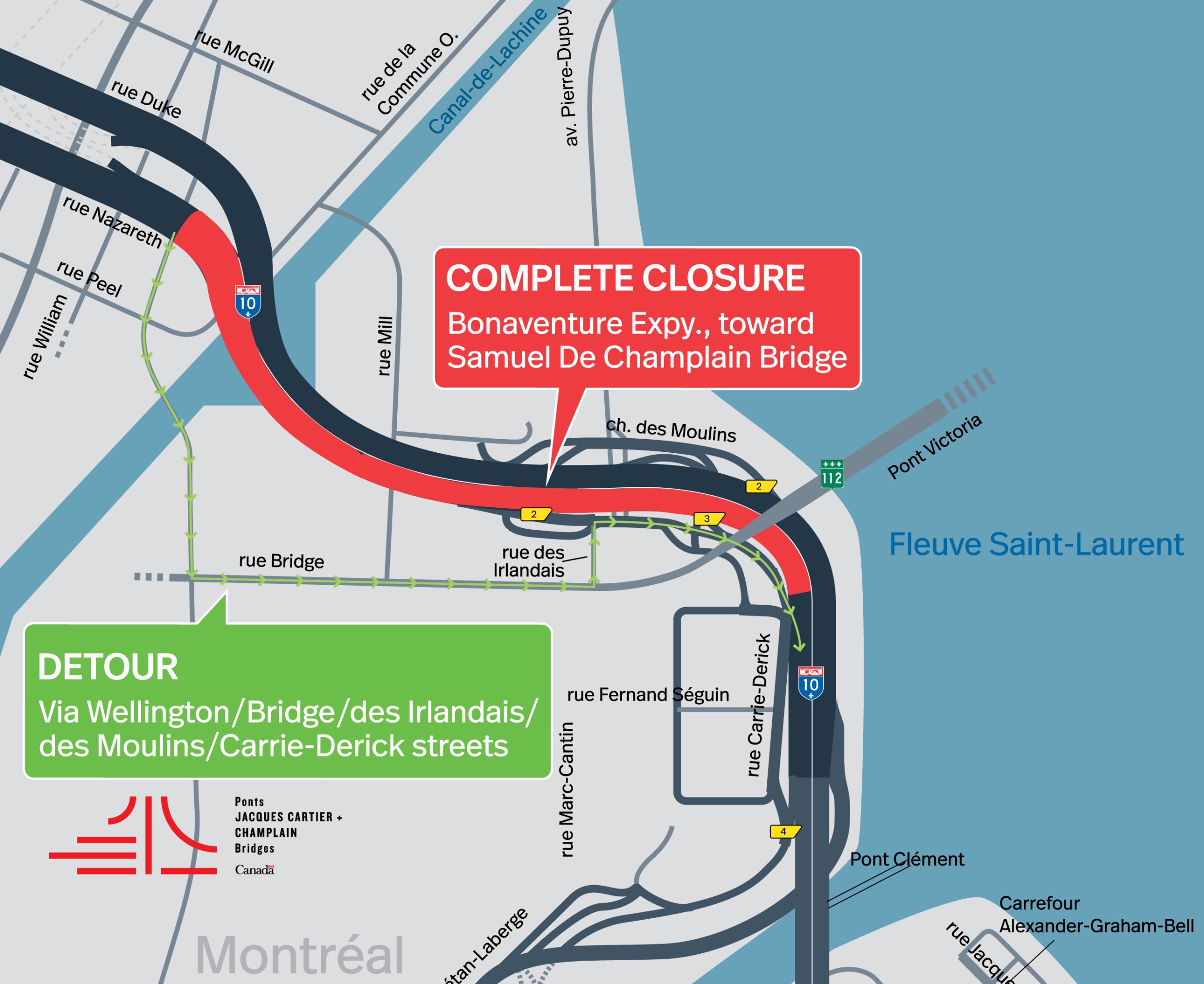 Bonaventure Expy. | Night closure of a portion of the Expy., toward Samuel De Champlain Bridge, on October 17