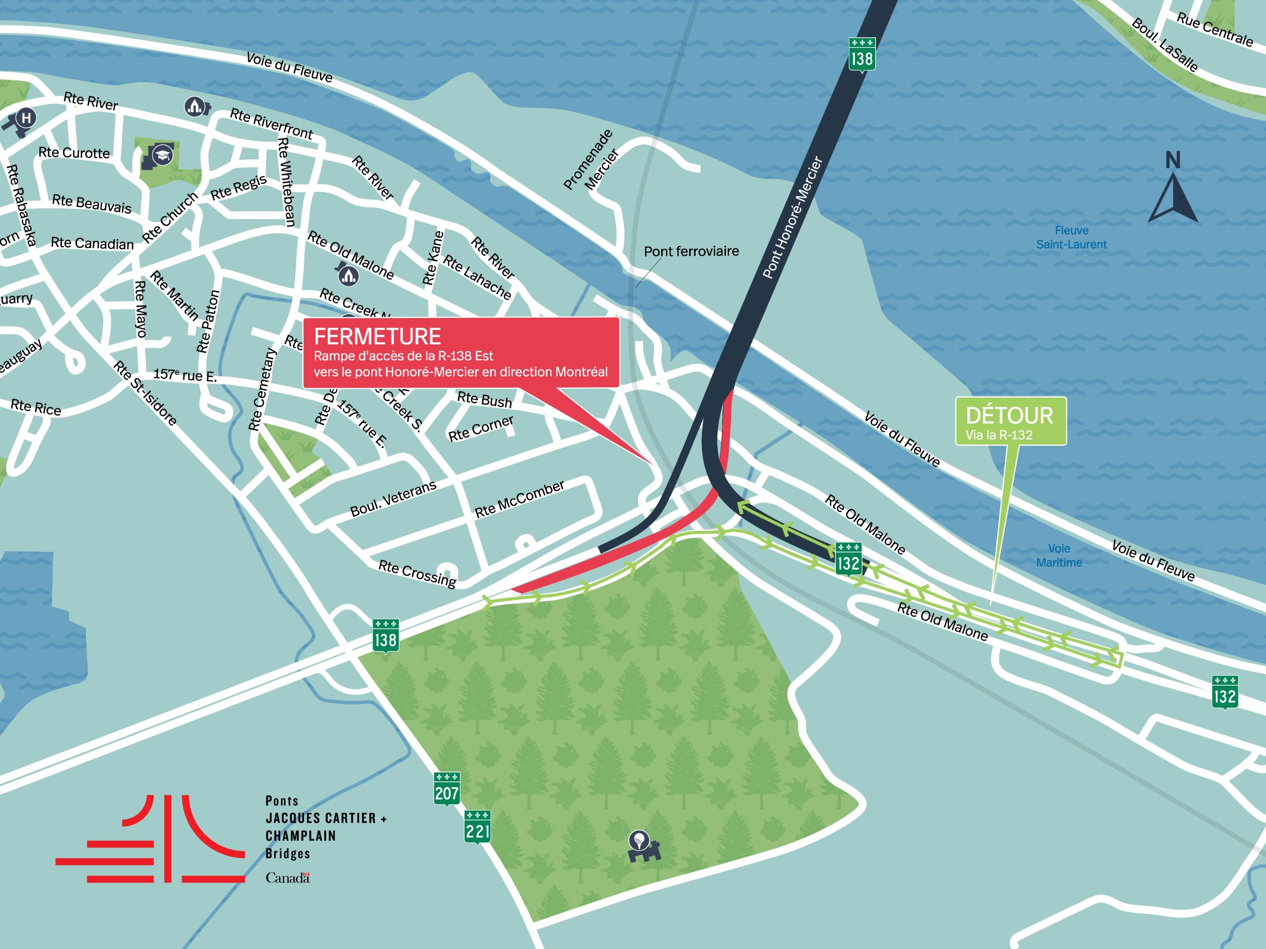 Pont Honoré-Mercier | Fermeture complète de nuit de la rampe d’accès de la R-138 Est en direction Montréal le 18 octobre