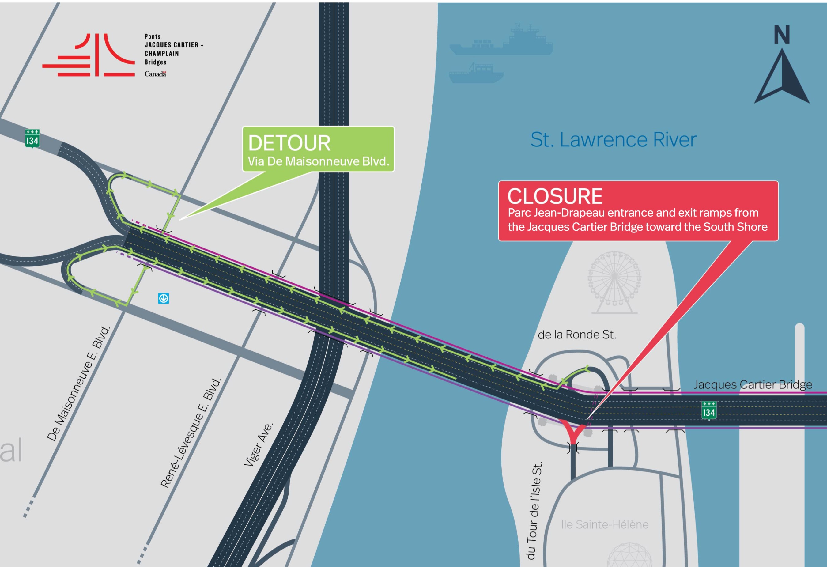 Jacques-Cartier Bridge | Complete night closure of the access ramp to Parc Jean-Drapeau toward the South Shore from November 12 to 14