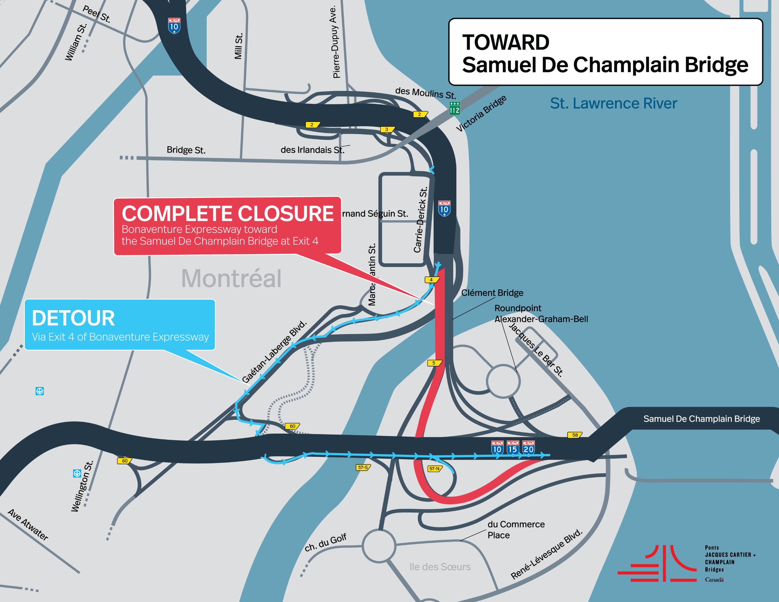 Bonaventure Expy. | Complete night closure of a portion of the Expy., toward Samuel De Champlain Bridge, on November 13