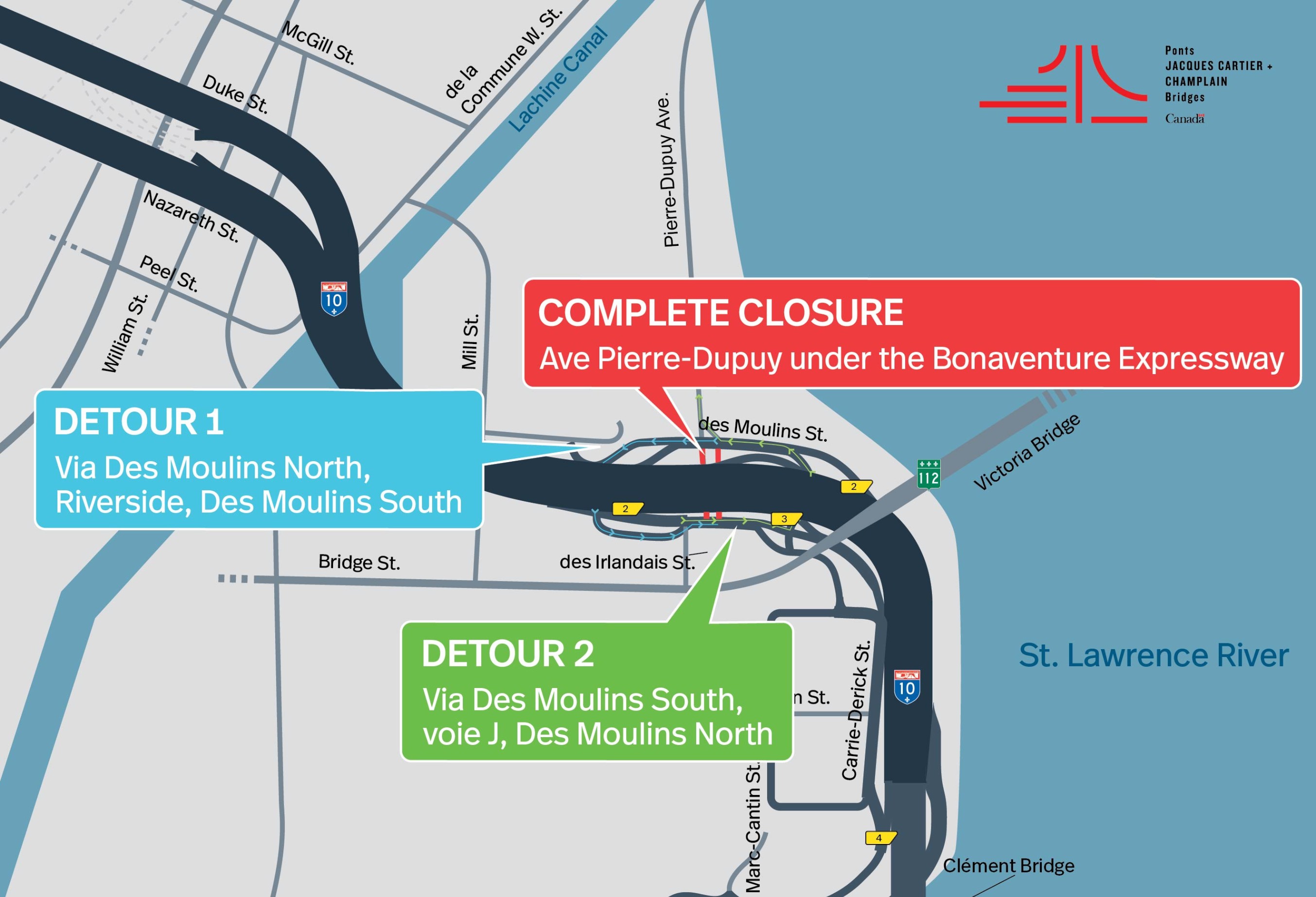 Bonaventure Expy. | Slowdowns to be expected between Peel basin and Victoria Bridge, toward Samuel De Champlain Bridge, from November 20 (10 p.m.) to 21 (10 a.m.)