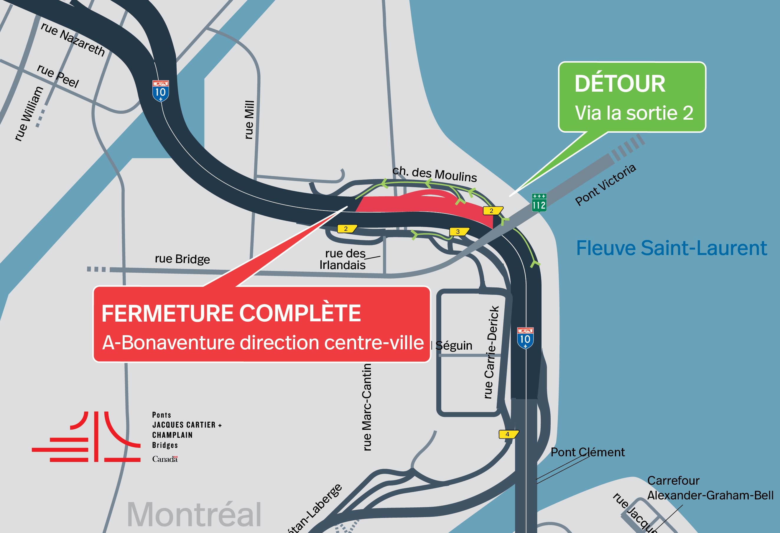 A-Bonaventure | Fermeture de nuit d'une portion de l'autoroute, en direction du centre-ville, le 30 novembre, et de l'avenue Pierre-Dupuy sous l'A-Bonaventure, le 1 décembre