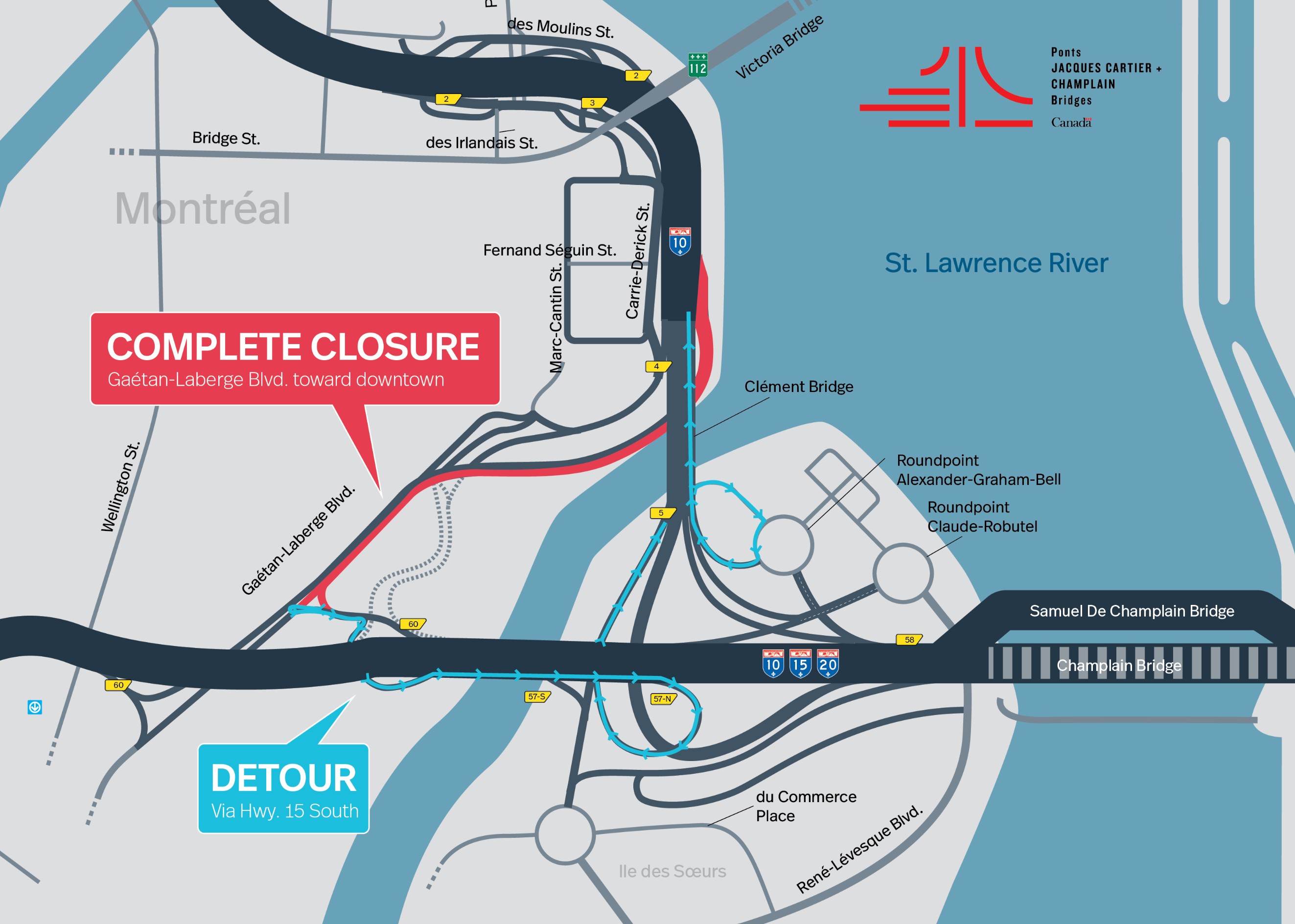 Bonaventure Expy. | Night closure of the Gaétan Laberge blvd. and a portion of the Bonaventure Expy., toward downtown, on December 17