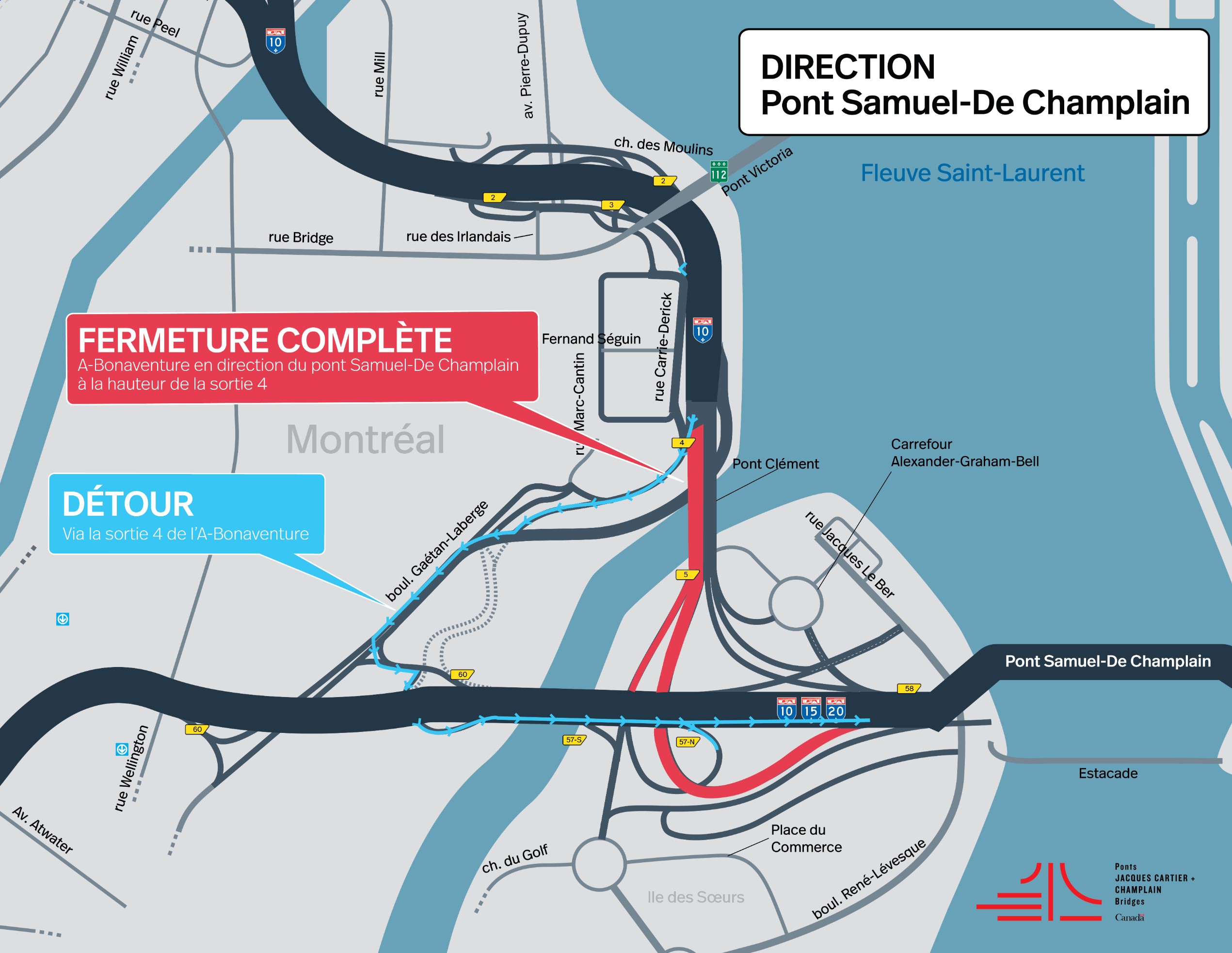 A-Bonaventure | BLITZ DE TRAVAUX MAJEURS - Fermeture de l'autoroute dans les deux directions, secteur du pont Clément, du 4 au 6 juillet