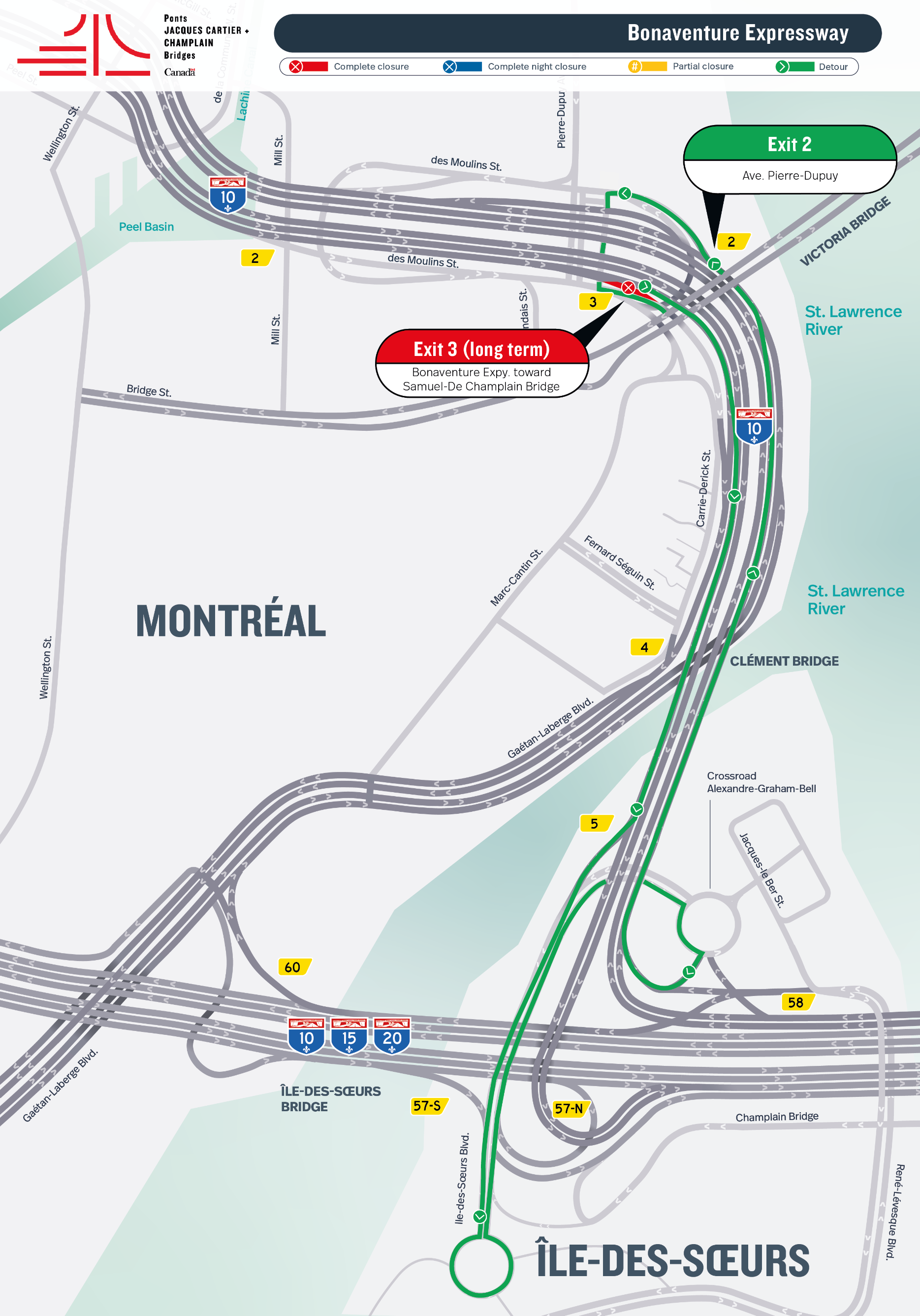 Bonaventure Expy. | Complete long-term closure of Exit 3, toward Samuel De Champlain Bridge