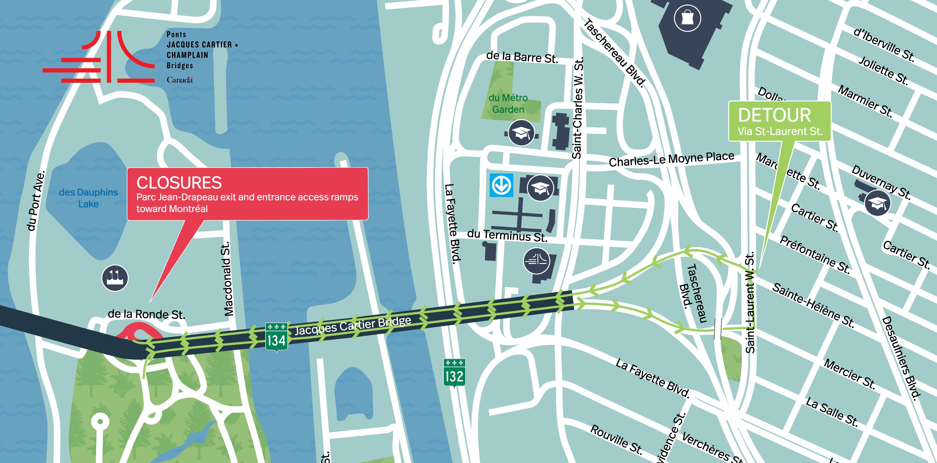 Jacques Cartier Bridge | Complete night closure of the Parc Jean-Drapeau ramp toward Montreal on April 20