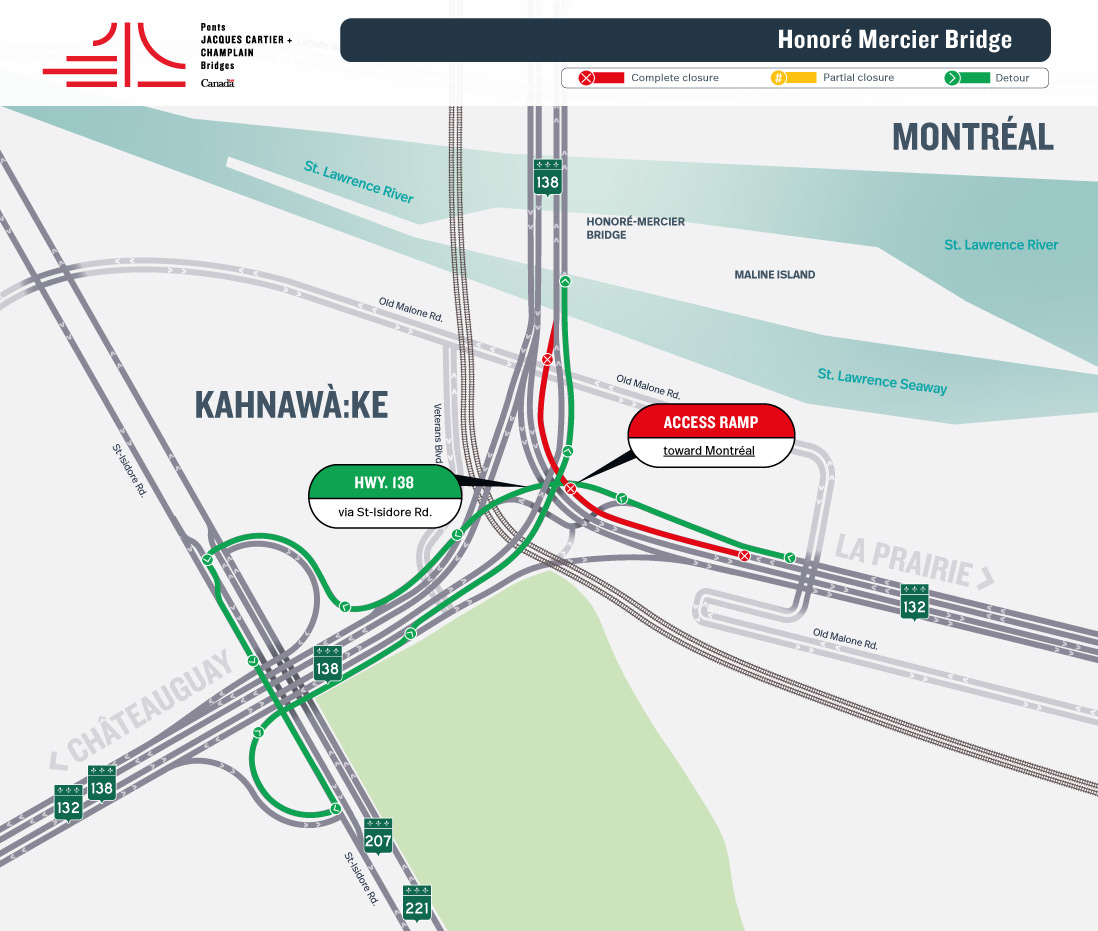 Honoré Mercier Bridge | Complete night closure of access and exit ramps to the Honoré Mercier Bridge on April 25