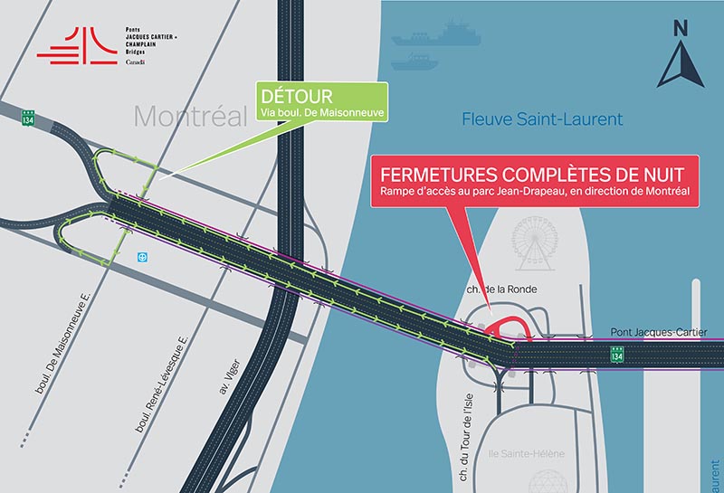 Jacques Cartier Bridge | Complete night closure of the Parc Jean-Drapeau ramp toward Montreal on April 27, 28 and 29