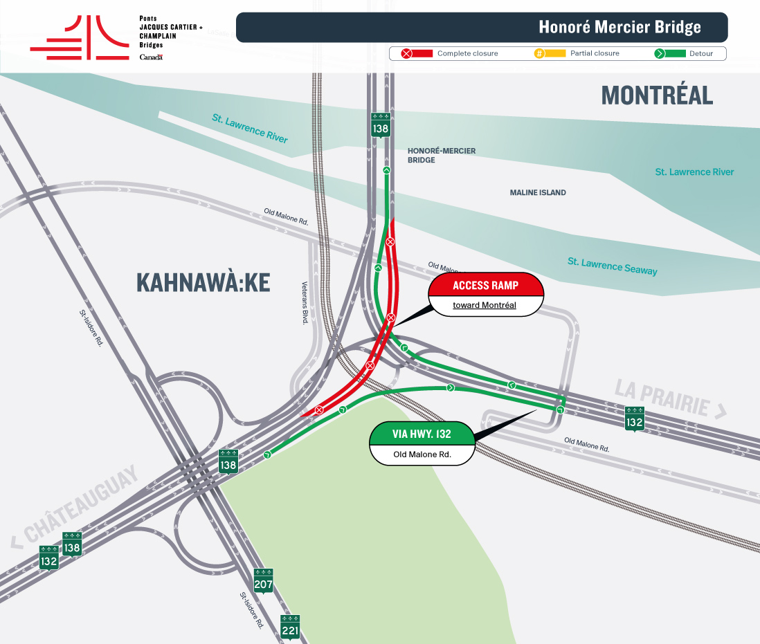 UPDATE : Honoré Mercier Bridge | Night closure of Hwy. 138 East access ramp toward Montréal, on June 1