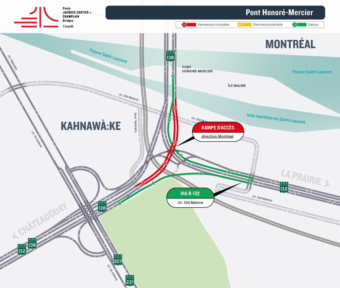 Pont Honoré-Mercier | Fermeture de nuit de la rampe d’accès de la R-138 Est en direction Montréal, le 1 juin