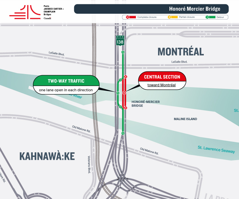 REMINDER AND UPDATE: Honoré Mercier Bridge | One lane open against-traffic on the central section of the bridge from June 6 to 8
