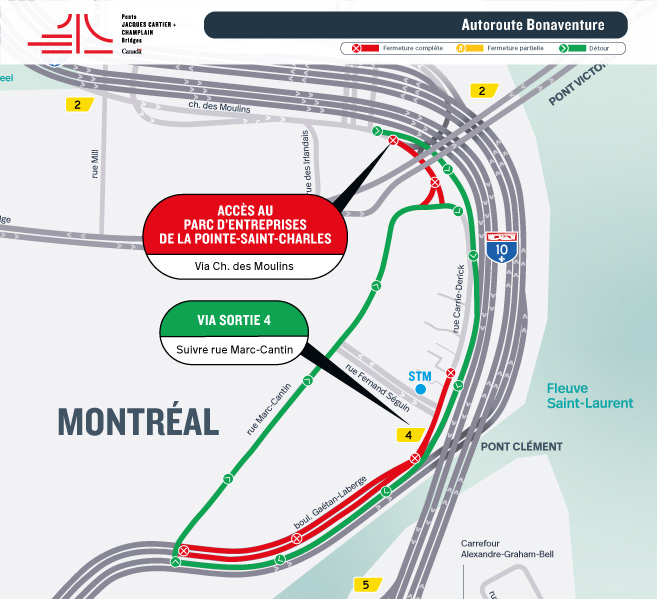 A-Bonaventure | Fermeture définitive de l'accès depuis le Ch. des Moulins au Parc d'entreprises de la Pointe-Saint-Charles dès le 8 juin et de la bretelle d'accès à l'autoroute en direction du pont Samuel-De Champlain la nuit du 7 juin