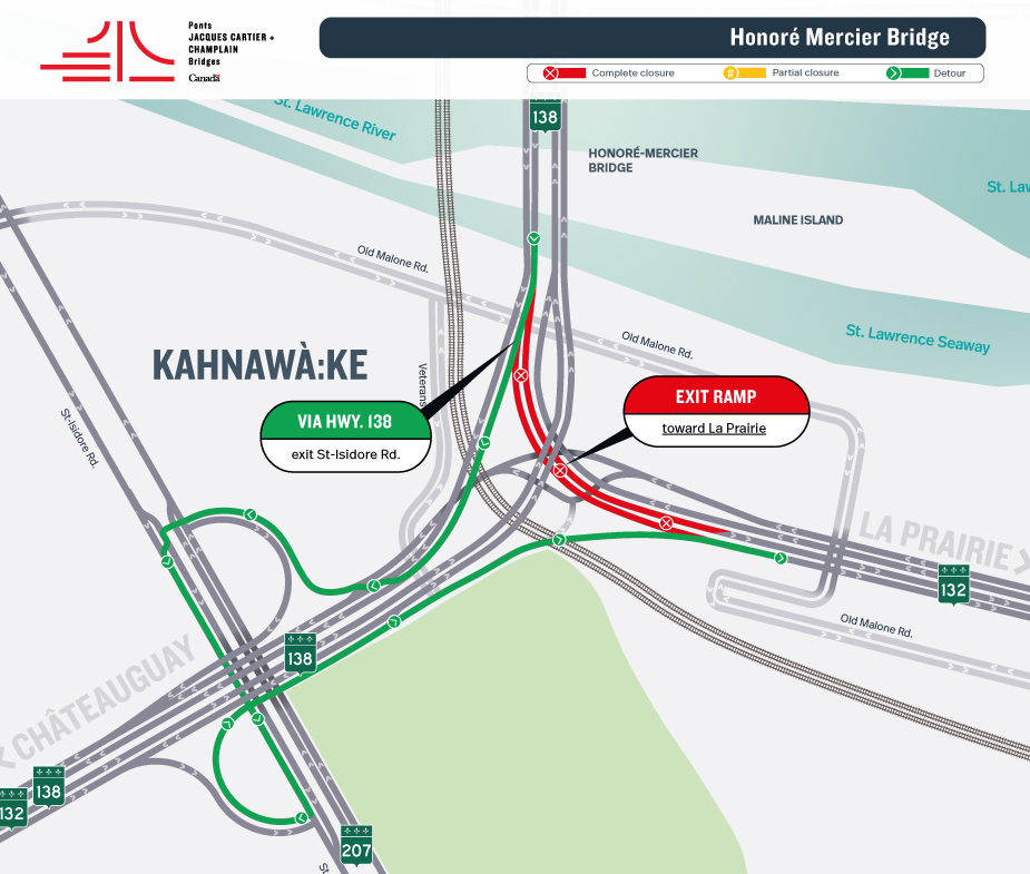 Honoré Mercier Bridge | Night closure of Hwy. 138 East access ramp toward Montréal, on June 8 and 9, and of the exit ramp toward La Prairie, on June 8