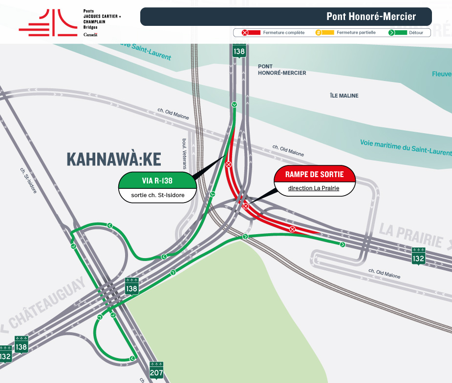 Pont Honoré-Mercier | Fermeture de nuit de la rampe d’accès de la R-138 Est en direction Montréal, les 8 et 9 juin, et de la rampe de sortie en direction de La Prairie, le 8 juin