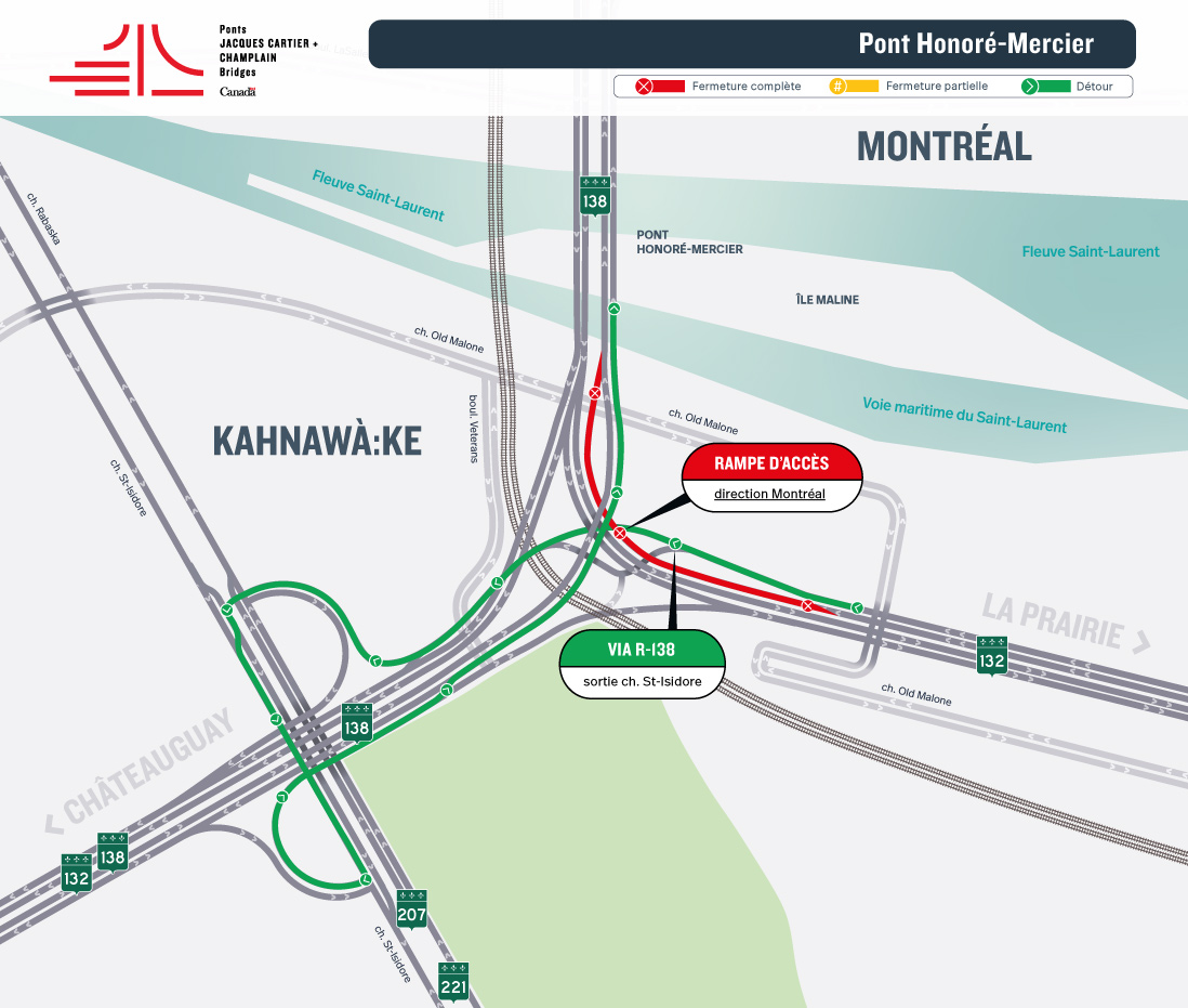 Pont Honoré-Mercier | Fermeture complète de nuit de la rampe d'accès de la R-132 ouest, direction Montréal, et de la rampe de sortie direction Châteauguay, le 10 juin
