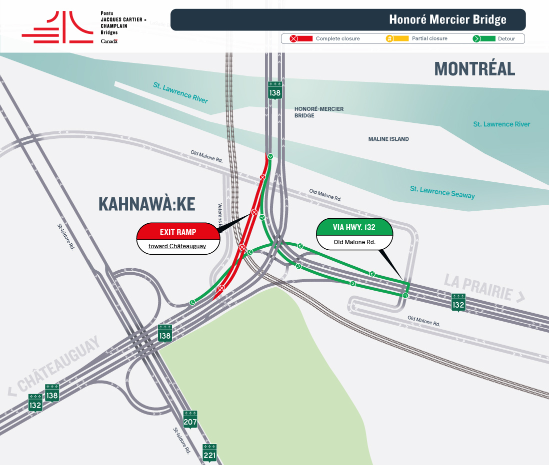 Honoré Mercier Bridge | Complete night closure of the access ramp from the Hwy. 132 West, toward Montréal, and of the exit ramp toward Châteauguay, on June 10