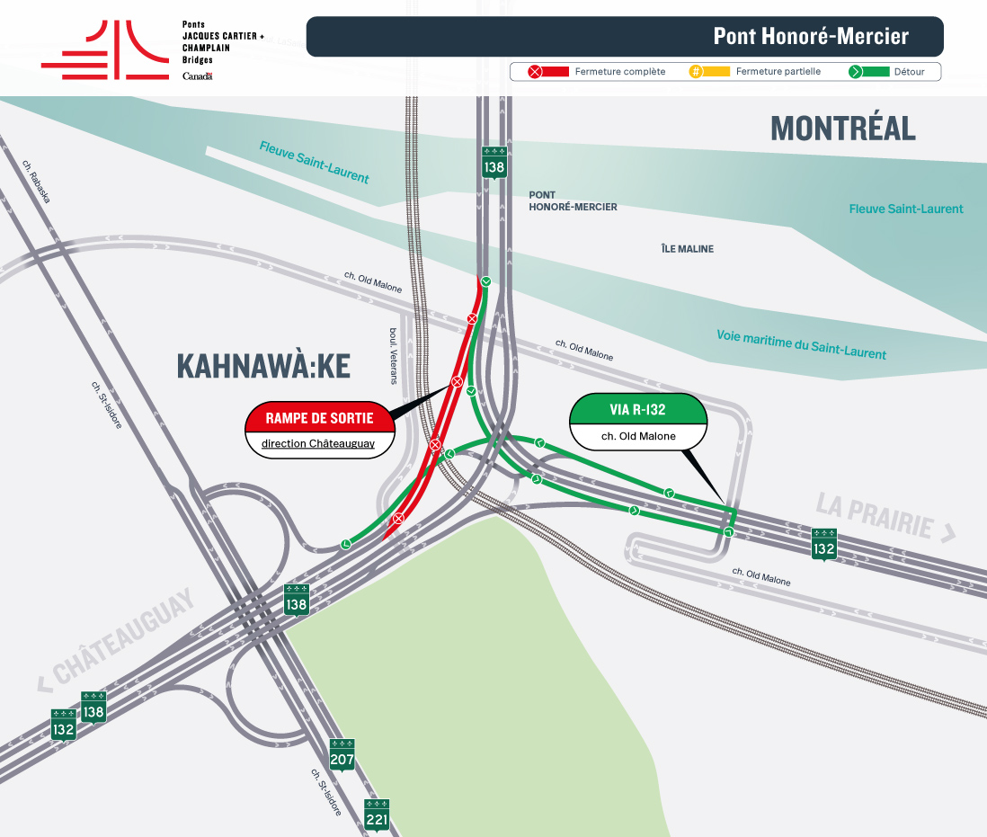 Pont Honoré-Mercier | Fermeture complète de nuit de la rampe d'accès de la R-132 ouest, direction Montréal, et de la rampe de sortie direction Châteauguay, le 10 juin
