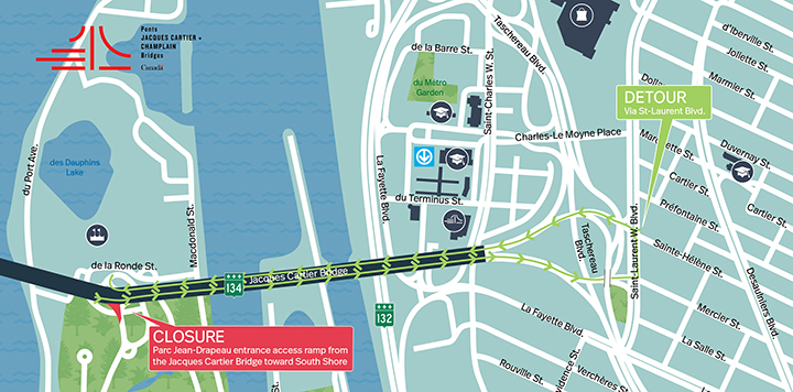 Jacques Cartier Bridge | Complete night closure of the Parc Jean-Drapeau ramp toward South Shore, on July 1