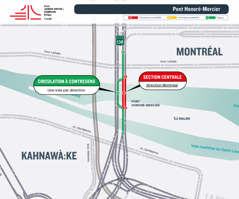 Pont Honoré-Mercier | Blitz de travaux - Une voie ouverte par direction sur la partie centrale du pont, du 4 au 6 juillet
