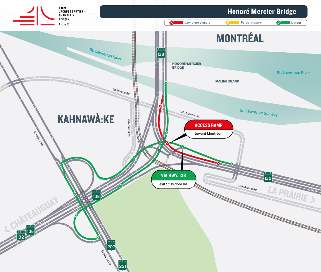 UPDATE - Honoré Mercier Bridge | Night closure of the Hwy. 138 East access ramp toward Montréal, postponed from July 14 to July 16, and of the Hwy. 132 West access ramp toward Montréal, on July 15