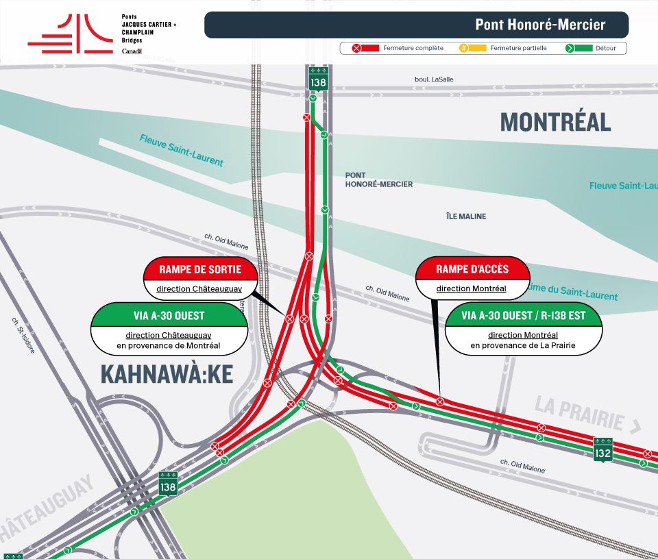 RAPPEL - Pont Honoré-Mercier - ÉVITEZ LE SECTEUR | Blitz de travaux majeur - Fermeture de plusieurs rampes d'accès et de sortie du 25 au 27 juillet